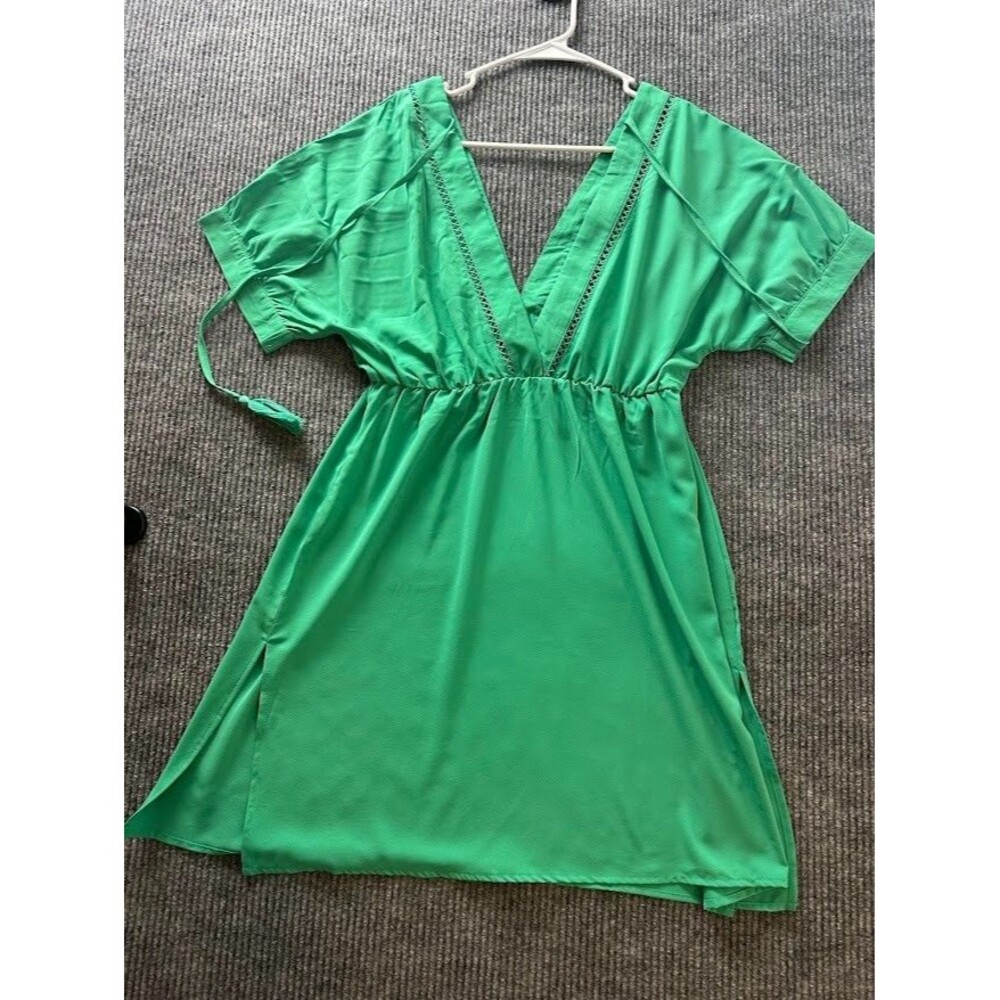 Women’s Green V-Neck Boho Mini Dress Empire Waist Flowy Short Sleeve Summer